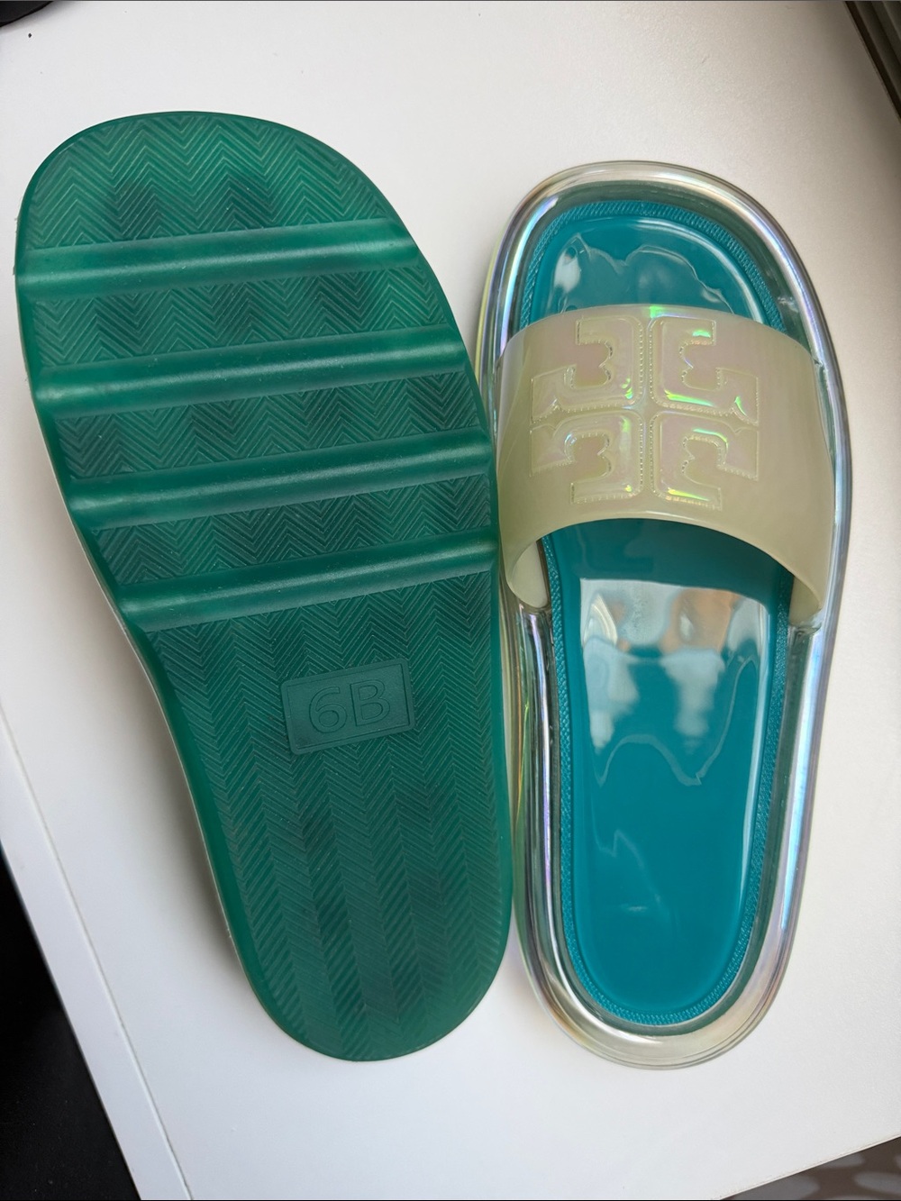 Tory Burch Teal Footbed Iridescent Slide Sandals - Picture 5 of 5